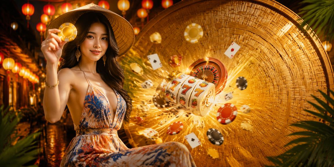 Người phụ nữ mặc áo dài và nón lá tại Huế sử dụng ứng dụng casino trên điện thoại